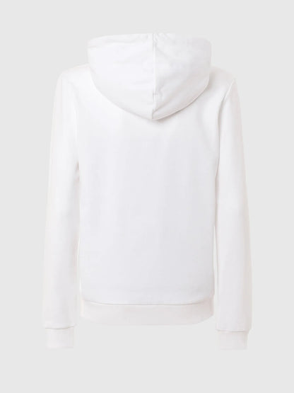 White zip hoodie back view with hood and ribbed hem cuffs