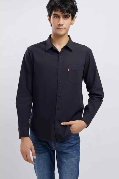 Men's black button-up shirt with chest pocket and long sleeves
