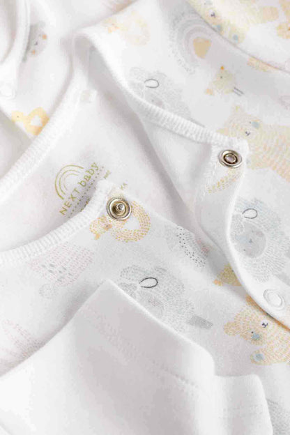 White baby bodysuit with snap buttons at the placket and small embroidered motifs