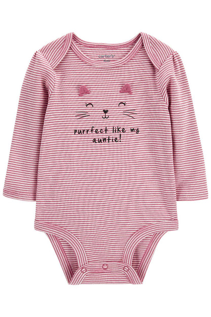 Carter's pink striped long-sleeve baby bodysuit with kitten-face applique