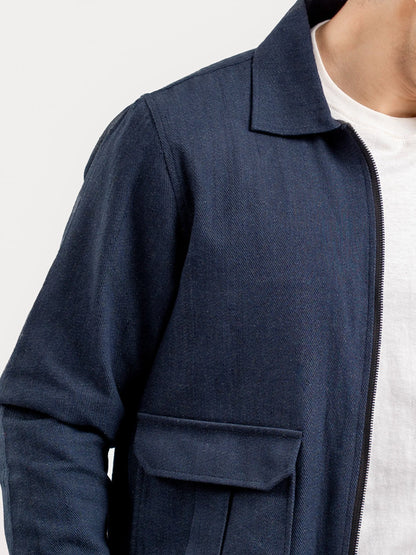 Brumano navy zip jacket with stand collar and front flap pocket detail