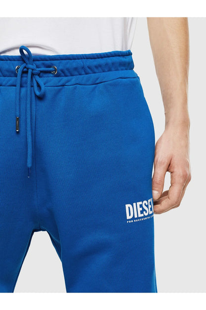 Blue jogger pants with drawstring waist and Diesel logo on the thigh
