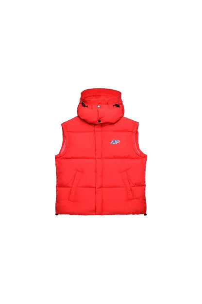 Diesel red hooded puffer vest with front snap closure and logo
