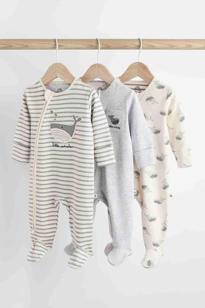 Set of 3 baby footed sleepsuits: striped, grey, and animal print.