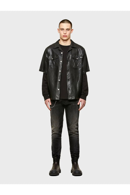 Black leather short-sleeve button-front jacket with flap pockets and chain detail