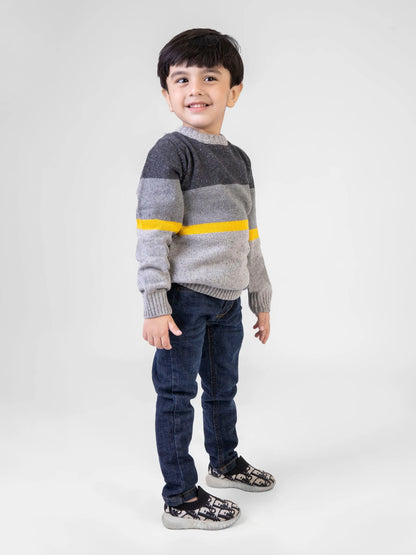 Grey cotton knit sweater with dark gray, light gray, and yellow stripe bands