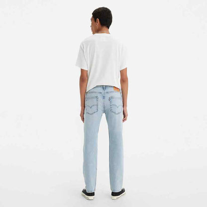 Light indigo denim jeans with straight leg and back patch pockets
