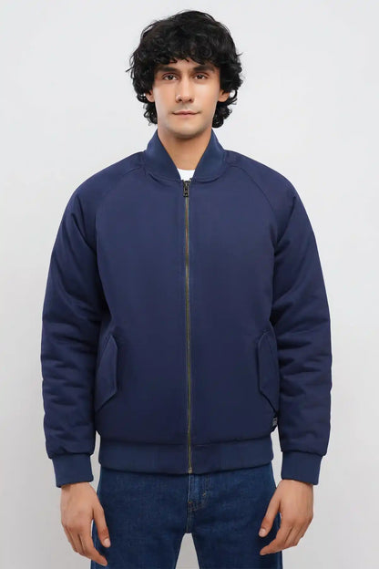 Navy zip-up bomber jacket with stand collar and long sleeves
