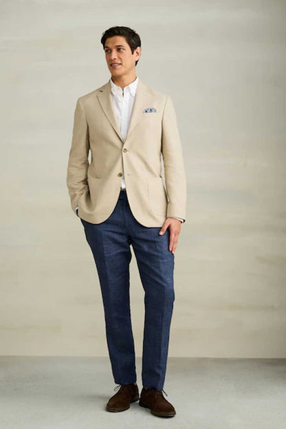 Men's stone blazer, single-breasted with notch lapels and front flap pockets