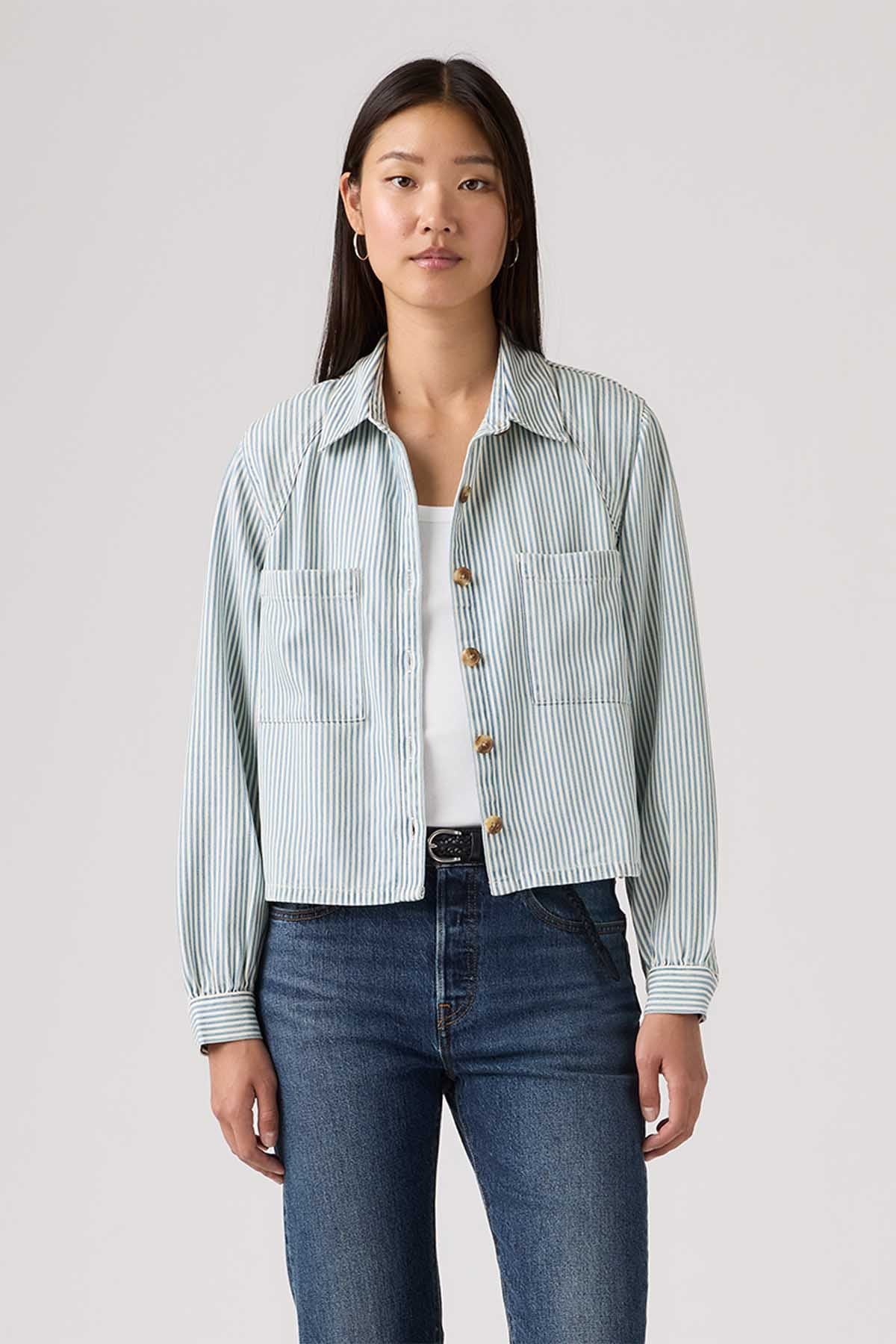 Levi's striped button-front cropped jacket with chest pockets and long sleeves