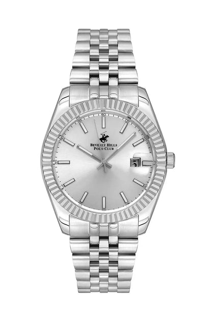 BHPC silver metal wristwatch with white dial and metal bracelet