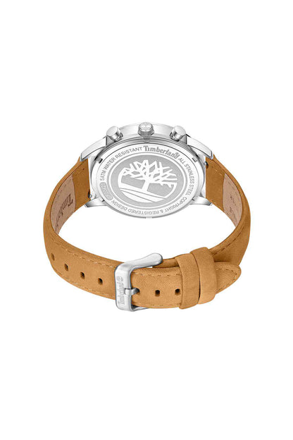 Timberland men's wristwatch caseback with engraving, tan leather strap