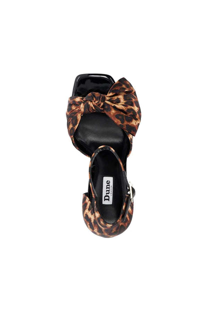 Leopard print heeled sandal with knotted bow front and open toe cutout