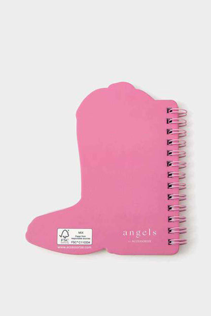 Accessorize pink boot-shaped notebook with spiral rings and 'angels' print