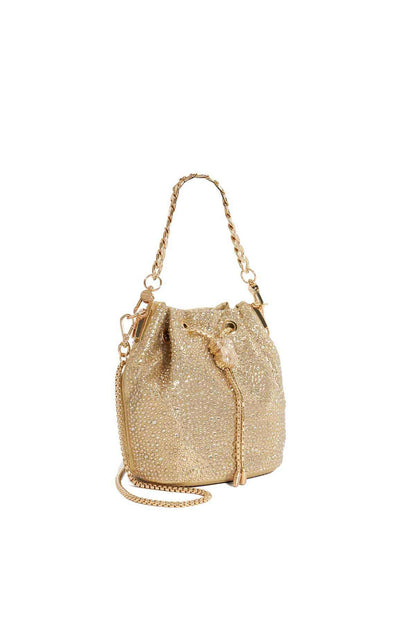 Gold sequin drawstring bucket bag with chain shoulder straps