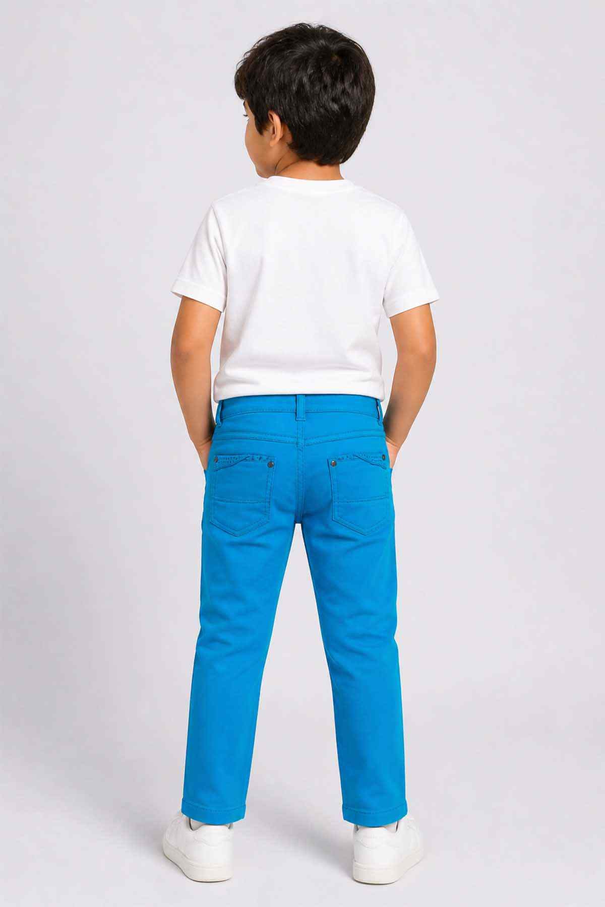 Kids' blue denim pants, back view, with button waist