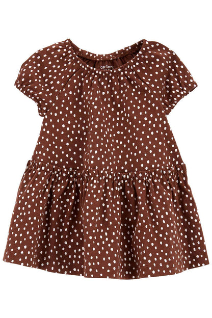 Brown baby dress with white dot print, short sleeves and gathered skirt