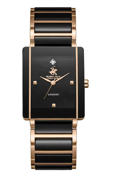 Rose gold and black rectangular dial wristwatch with segmented bezel bracelet links