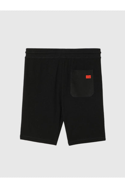 Black shorts with elastic waistband, drawstring, and front pocket with orange label