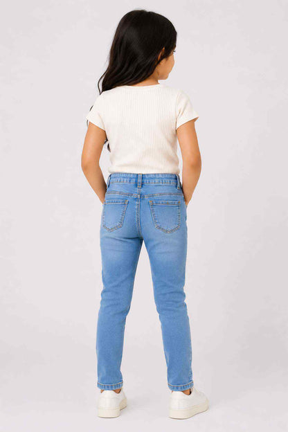 Kids blue denim jeans back view with patch pockets and belt loops
