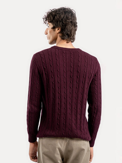 Brumano burgundy cotton cable knit sweater back view