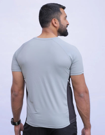 Men's athletic t-shirt back view in light gray with black side panel