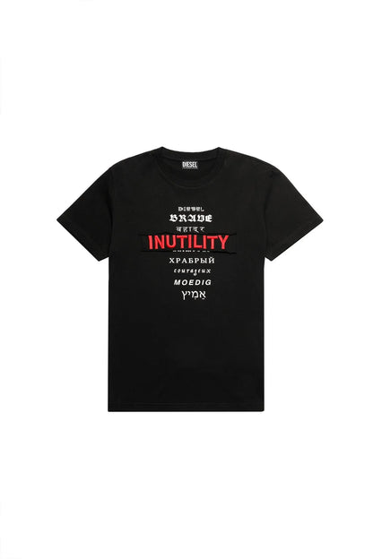 Black graphic T-shirt with centered INUTILITy red stripe front print