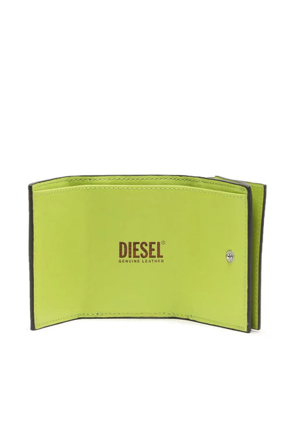 Lime green leather wallet interior with snap button and small logo patch