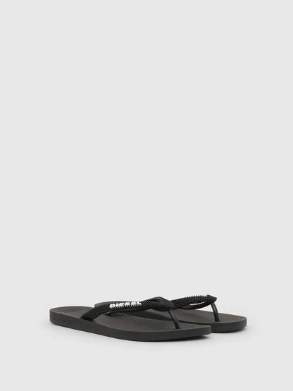 Black thong sandals, textured strap with embroidered-style logo