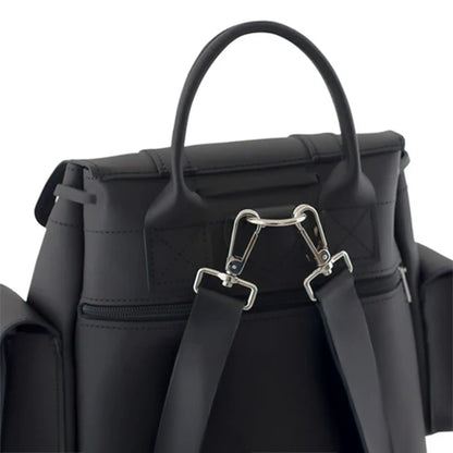 Black top handle and front panel view of a flap-top backpack with metal rings