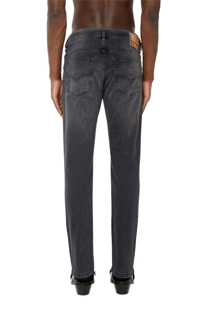 Dark gray straight-leg jeans rear view with back patch detail