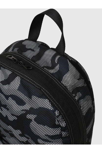 Black camo mesh backpack with curved zipper seam and top handle
