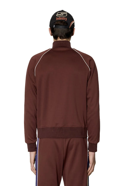 Burgundy zip track jacket back view with stand collar and contrast sleeve stripe