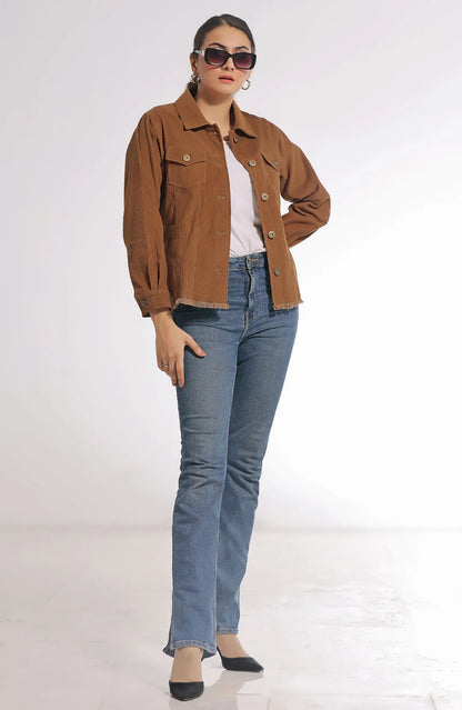 Tan button-front utility jacket with collar, chest pockets, and visible seam details
