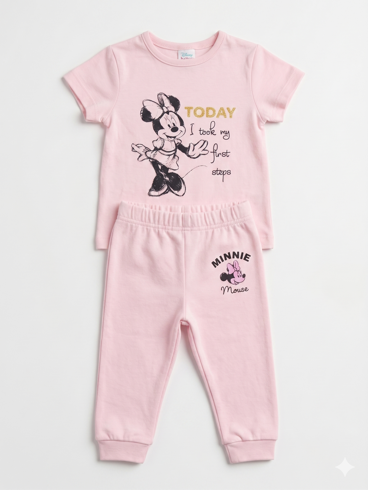 Pink baby T-shirt and jogger pants set with Minnie and graphic chest