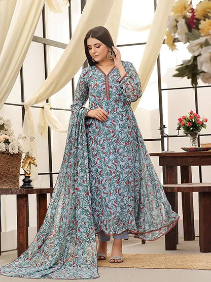 Nazmina teal floral print maxi dress with long sleeves, button-front, gathered skirt