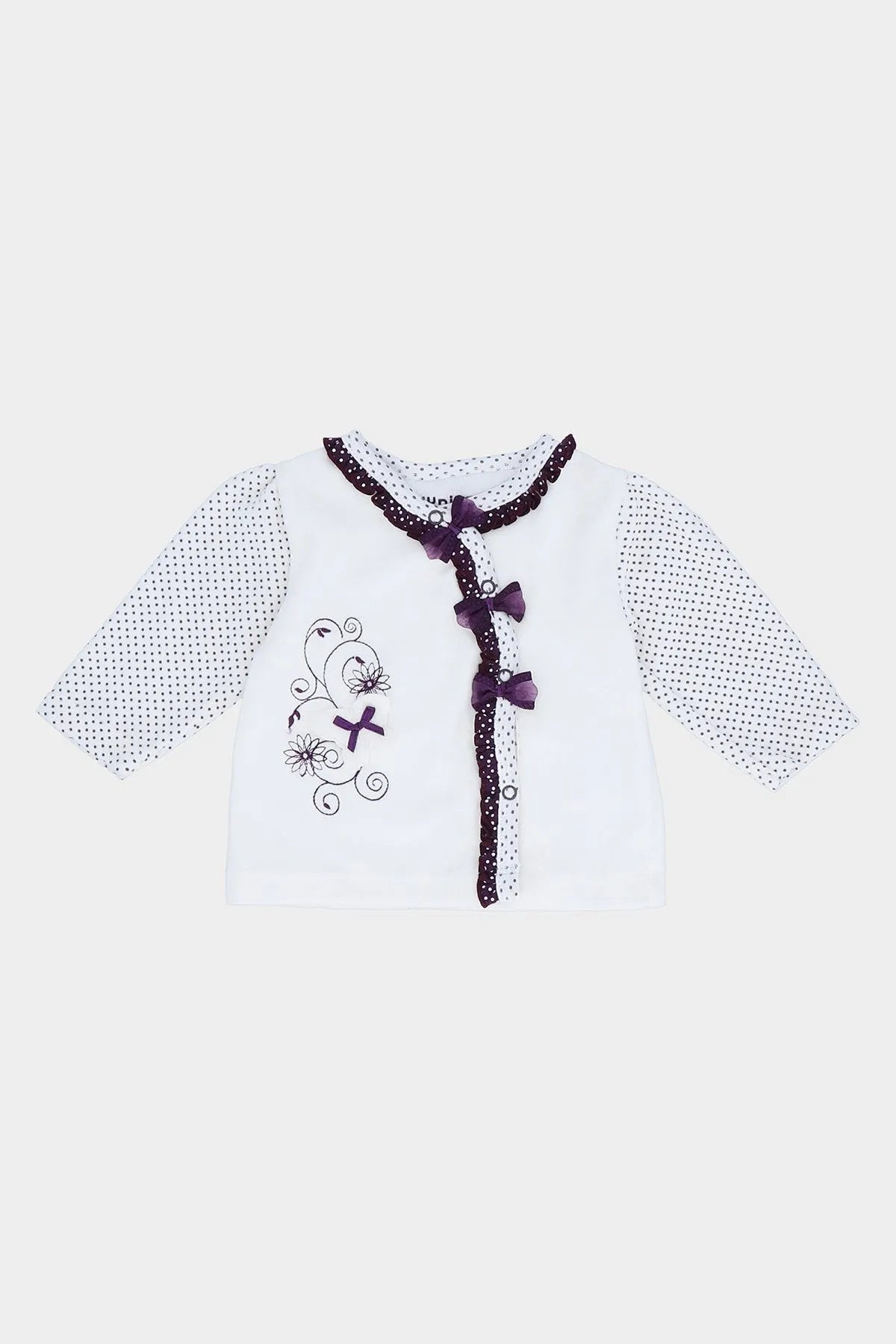 Baby purple-trim shirt with long sleeves and decorative bow front
