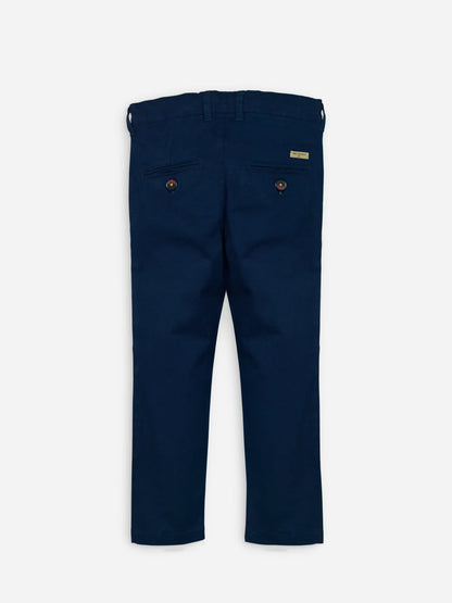 Dark blue cotton pants with two front pockets and small logo buttons