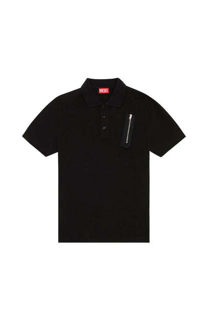 Black polo shirt with button placket, small chest patch, and zip pocket