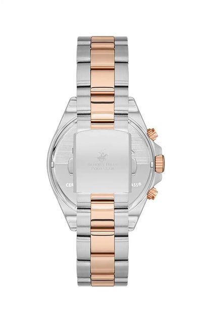 Silver and rose-gold chronograph watch with black face, metal link band