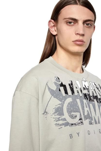 Light gray-green graphic crewneck T-shirt with detailed front print
