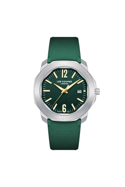 Lee Cooper dark green leather-look strap analog wristwatch, silver-tone round case and crown