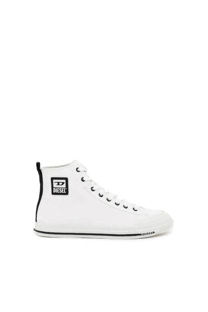 White high-top sneakers with black collar trim, lace-up front, black rubber sole