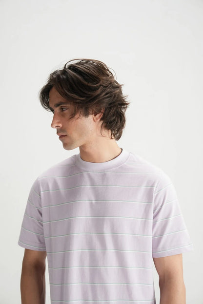 Men's lavender crewneck T-shirt with thin horizontal stripe lines, close-up front
