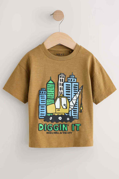 Brown kids graphic T-shirt with 'Diggin' It' construction city truck print, crew neck
