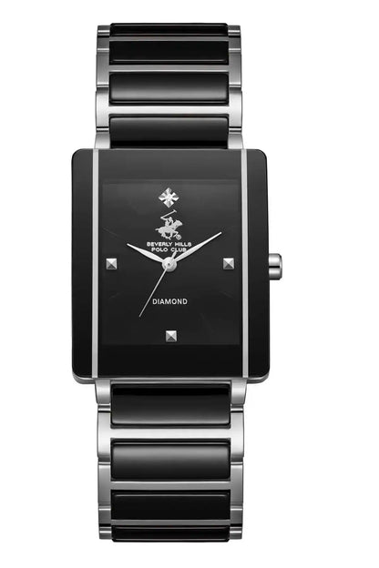 BHPC watch with black dial, silver/black links, and crown at 3 o’clock