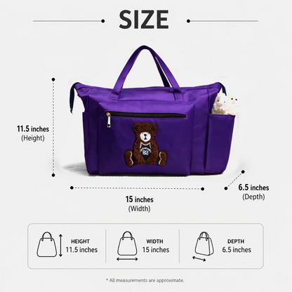 Purple tote bag size diagram: 11.5 in height, 15 in width, 6.5 in depth