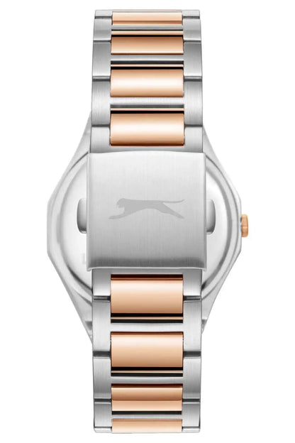 Silver-tone wristwatch with rose gold accents on bracelet links and top clasp