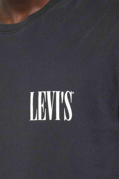 Black T-shirt close-up of Levi's white chest logo