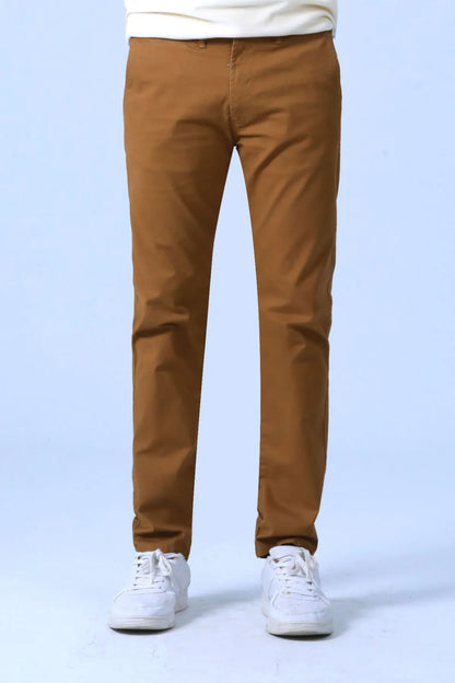 Brown straight-leg pants with front button, visible seams, and pockets.
